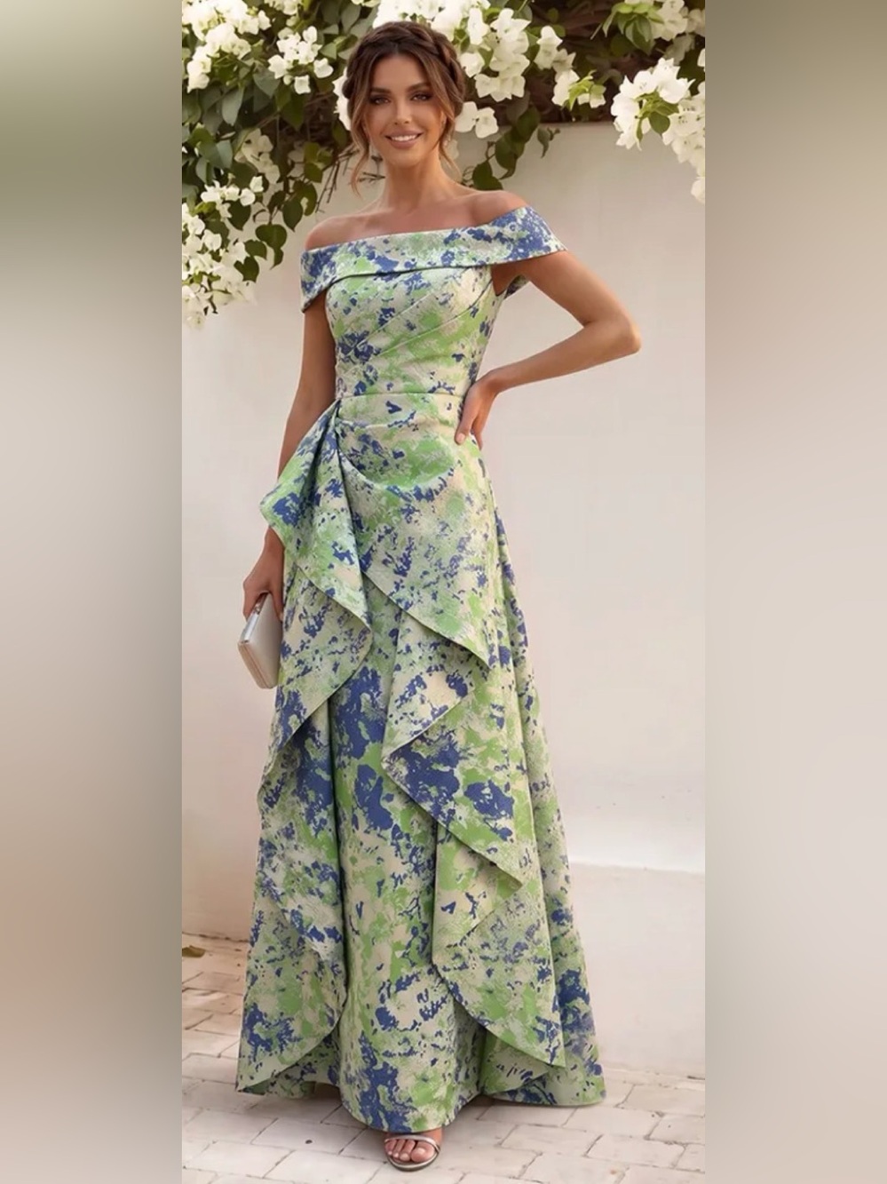 Jacquard A-Line Off Shoulder Mother of the Bride Dresses with Ruffles